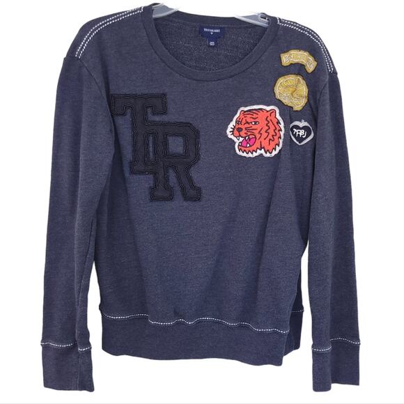 True Religion Sweatshirt Medium Gray Beaded Tiger Patch Women Streetwear Top - Picture 1 of 6